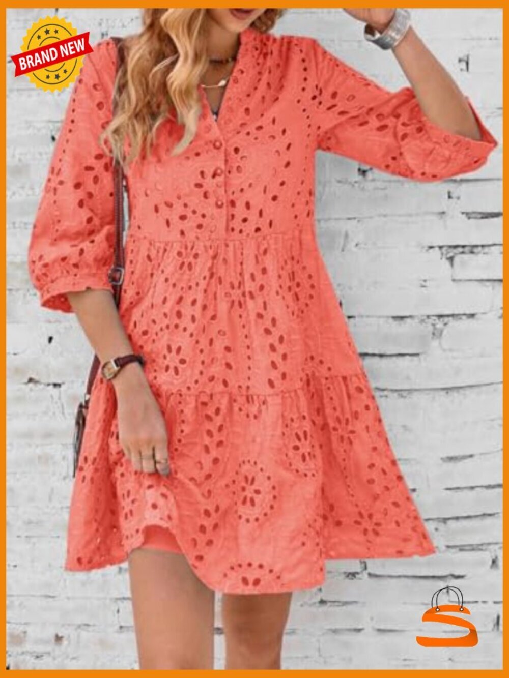 Eyelet Lace Midi Dress V Neck Puff 3/4 Sleeve Button Tiered A Line Sun Dress - Picture 2 of 6